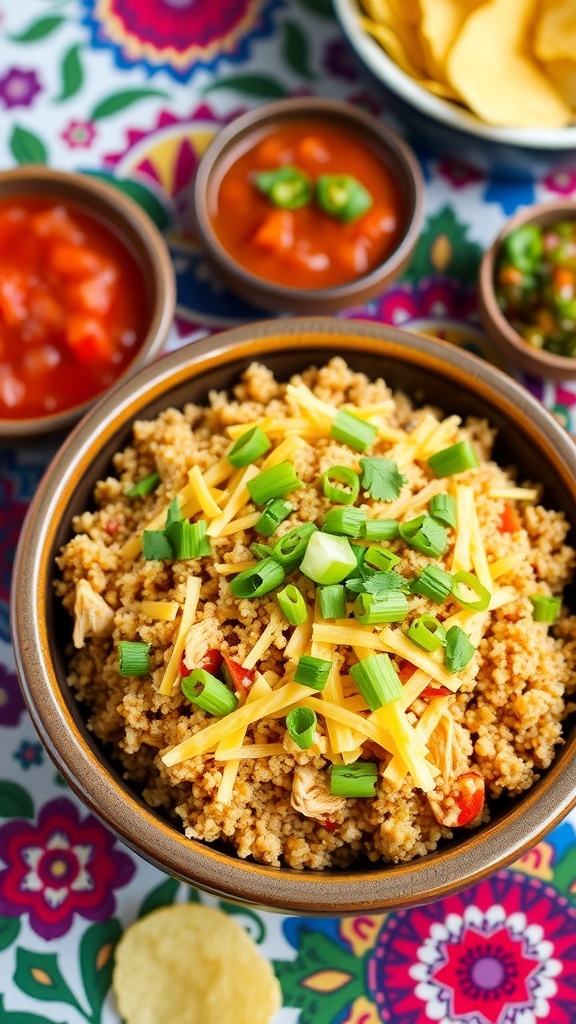 A bowl of low FODMAP chicken enchilada quinoa topped with cheese, cilantro, and green onions, with salsa and tortilla chips on the side.